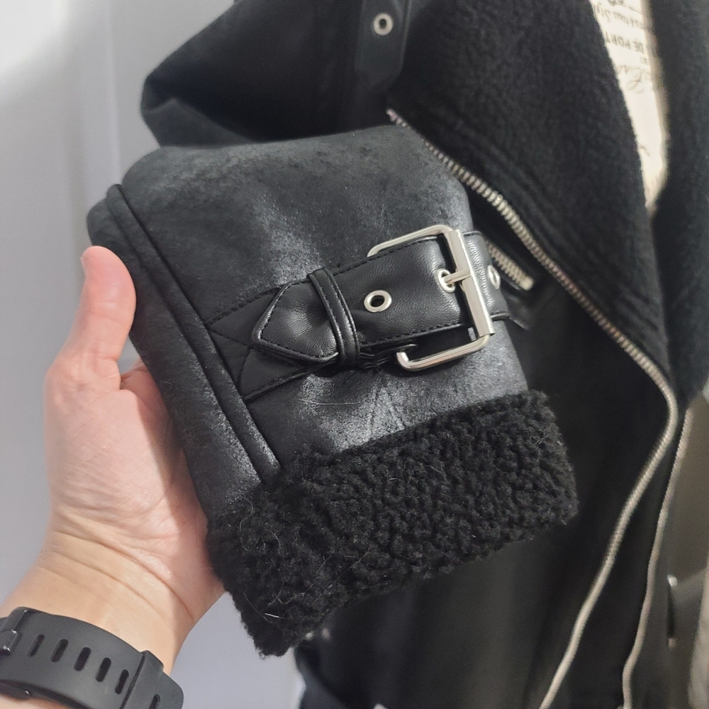 Avec Les Filles Faux Shearling Trim Faux Leather Oversized Biker Moto Jacket XS - Picture 8 of 13